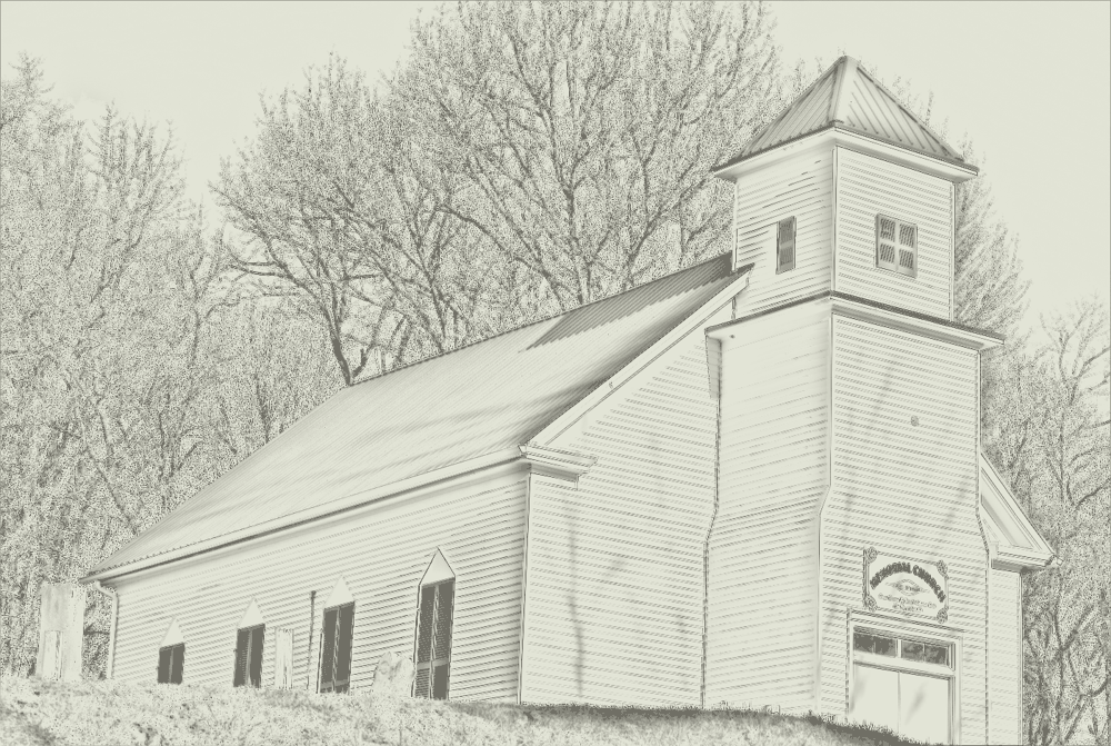 A country Baptist church in southern Indiana, drawn in pencil